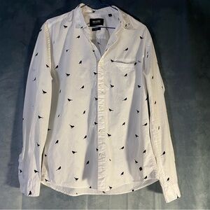White Button Down Shirt Black Bird All Over Print Women’s Sz L Acadamia Unique